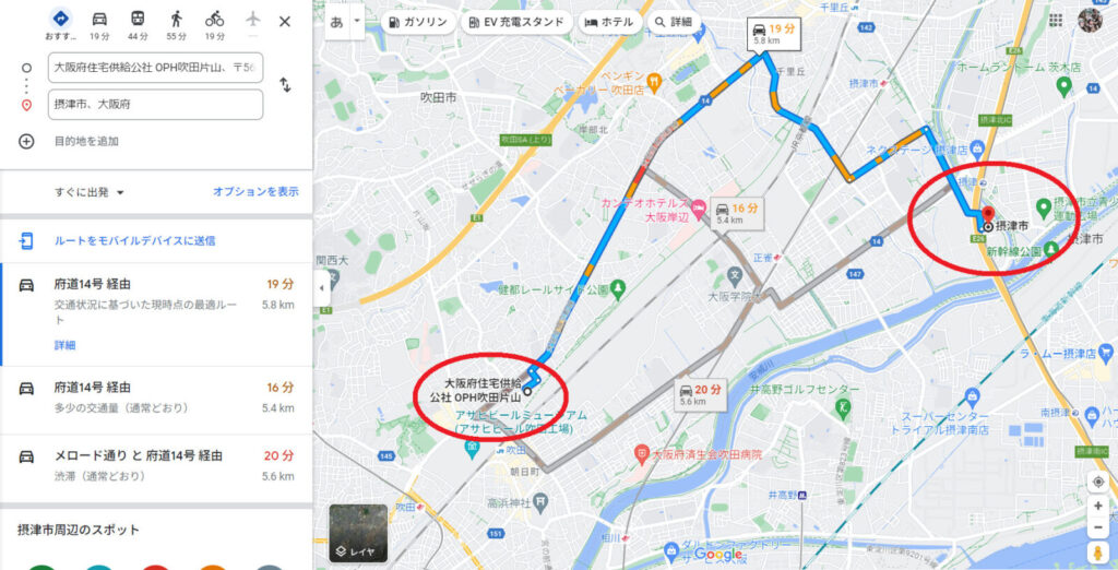飛び降りしたマンションと、摂津市の位置関係のGoogleマップ